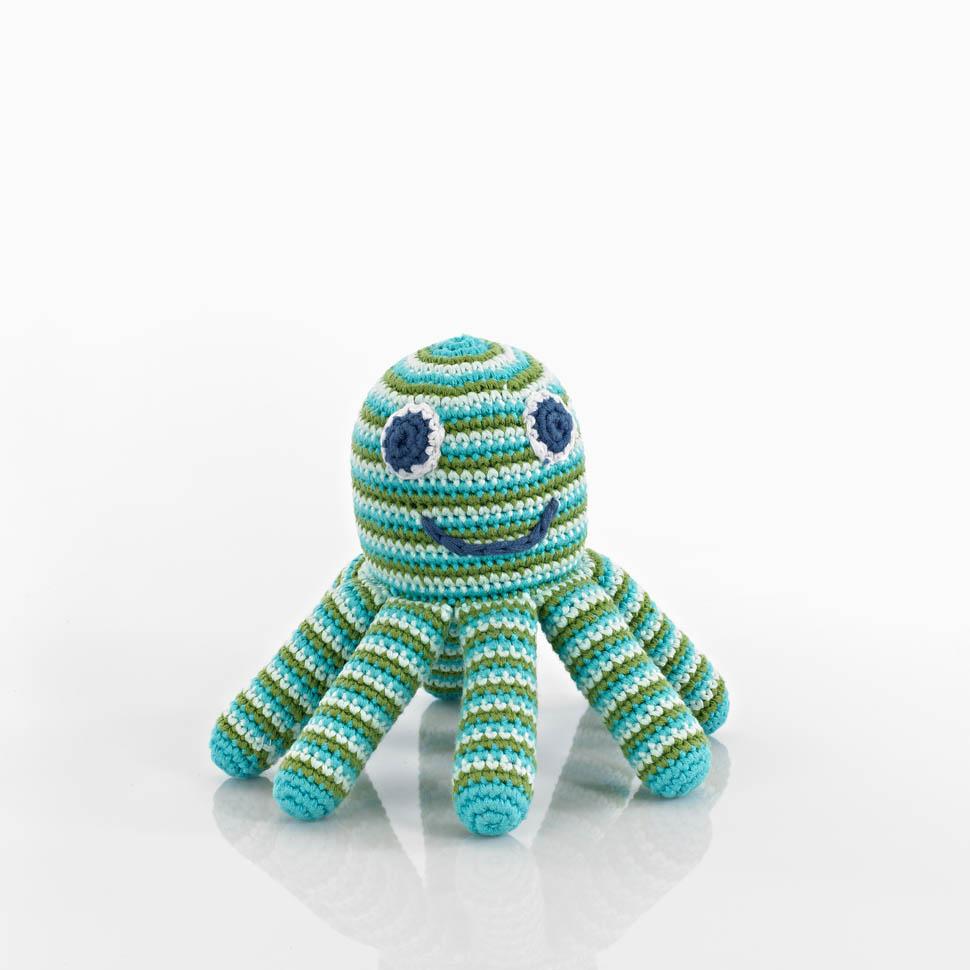 Crochet Cotton Octopus Baby Rattle in Blue and Green Stripes